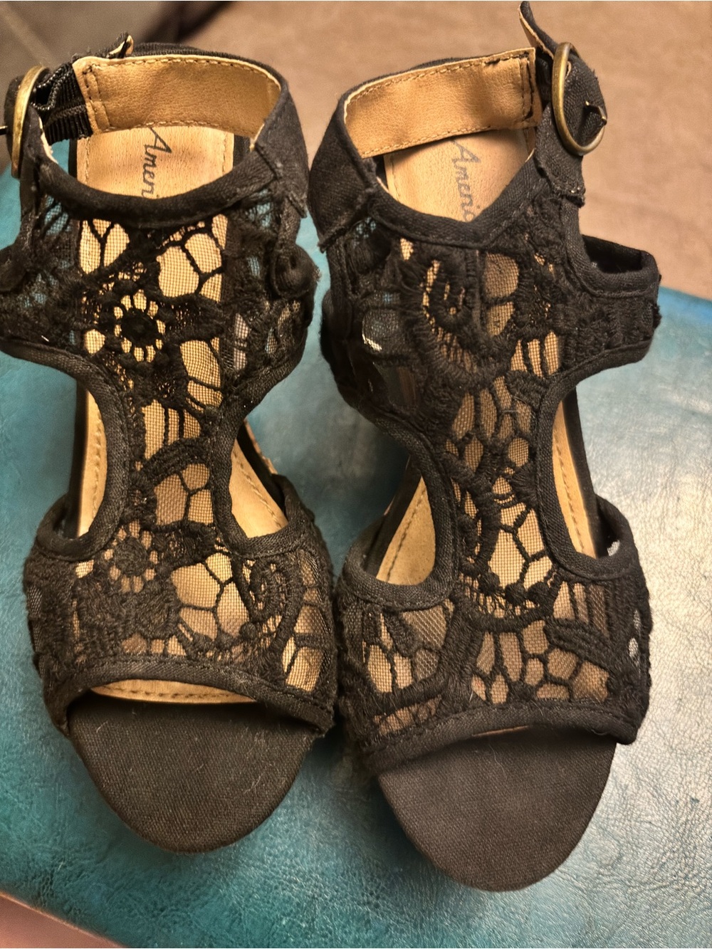 American Eagle By Payless Black Crochet Lace Wedge Sandals